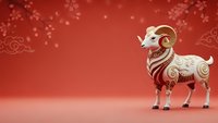 Decorative white ram with ornate patterns on red gradient background with floating particles for lunar new year celebrations and festive designs.