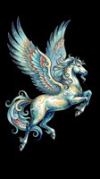 Ornate pegasus with decorative blue and gold patterns, isolated on transparent background, ready for t-shirt design, stickers, clipart, and print on demand use.