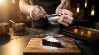 Pastry chef dusting powdered sugar onto freshly baked chocolate cake slice on wooden board in professional kitchen with warm lighting and baking equipment.