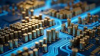 Macro view of circuit board with golden components and blue pathways, representing technology, electronics, and digital innovation for computing and semiconductor industries.