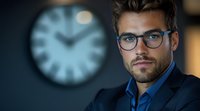 Professional young businessman with glasses and beard in modern office environment with clock background for corporate and business concepts.