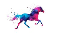 Colorful watercolor horse silhouette in motion with paint splashes and artistic effects on white background for creative design projects.