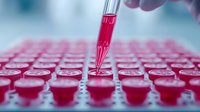 Laboratory pipette dropping red liquid sample into microplate wells for medical testing and research analysis in modern clinical facility.