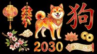Lunar new year 2030 dog zodiac sign collection with red lantern, firecrackers, flowers, coins and decorative elements isolated on transparent background for t-shirt design and print-on-demand products.