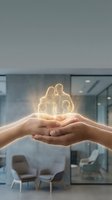 Cupped hands holding glowing family silhouette in modern office space representing life insurance protection and financial security planning.