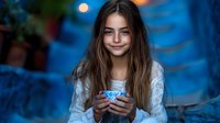 Young woman with long brown hair in white lace dress holding glowing phone at dusk, soft bokeh lights create magical evening atmosphere against blue background.
