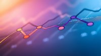 Colorful financial line graph showing market trends with glowing dots on gradient background from pink to blue, abstract business analytics visualization.