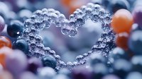 Delicate heart shape formed by water droplets on glass surface with blurred orange and blue bokeh background creates romantic macro photography effect.