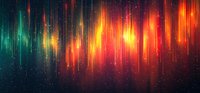 Vibrant aurora-like light streaks in red, orange and green colors against dark background with glowing particles create atmospheric cosmic effect.
