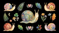 Colorful snail clipart set with decorative shells, flowers, ferns, and mushrooms, isolated on transparent background. Great for stickers, t-shirt design, print on demand.