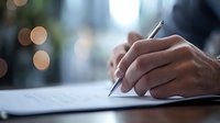 Close-up of male hand signing document with silver pen on wooden desk, with soft bokeh lights in blurred background.