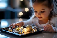 Young girl looking at glowing golden Christmas ornaments and decorations on dark tray, soft bokeh lights in background creating magical holiday atmosphere.