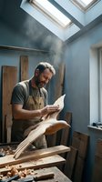 Skilled bearded craftsman examining wooden piece in sunlit workshop with dust particles floating in air from skylight windows.