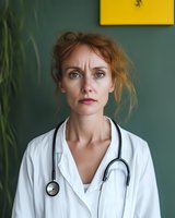 Caucasian female medical professional with red hair wearing white coat and stethoscope against green wall background, serious expression portraying healthcare expertise.