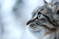 Close up profile view of gray tabby cat face with blue eyes gazing upward against soft blurred background, showing detailed whiskers and fur texture.