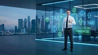 Professional businessman analyzing financial data with digital interface displaying tax and finance icons in modern office overlooking city skyline at dusk.