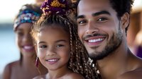Young African American father and daughter with bright smiles share joyful moment outdoors during summer day, expressing happiness and family bonding.