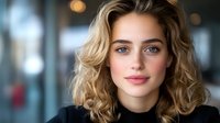 Young Caucasian woman with wavy blonde hair and natural makeup smiling at camera, blue eyes and pink lips against blurred background, professional headshot style portrait.