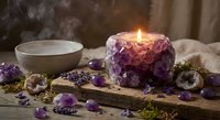 Amethyst crystal candle holder with burning flame surrounded by purple gemstones, sage bundle and ceramic bowl creating mystical spa atmosphere for relaxation.
