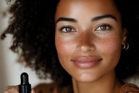 Close up portrait of young African American woman with natural curly hair, freckles and glowing skin smiling at camera. Skincare and natural beauty concept.
