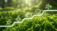 Green plants with glowing sustainability icons showing eco-friendly business growth, renewable energy, and environmental responsibility concepts.