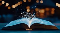 Open book with glowing magical sparkles rising from illuminated pages against dark background with bokeh lights, creating mystical reading atmosphere.