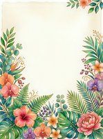 Watercolor tropical floral frame with hibiscus, orchids, ferns and palm leaves, copy space center for wedding or greeting card design.