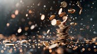 Falling golden coins in dynamic motion with dramatic lighting and bokeh effect, creating financial concept for wealth, success and prosperity.