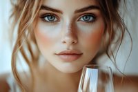 Close up portrait of young Caucasian woman with bright blue eyes, natural makeup, and loose wavy hair holding wine glass in soft natural lighting.