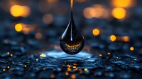 Macro photography of water drop with golden bokeh lights reflecting inside, suspended above rippled water surface creating magical atmosphere and reflection.