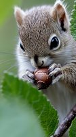 Close-up of a young gray and white squirrel holding and eating a acorn with its tiny paws, set against a soft green blurred background with foliage.