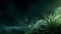 Cannabis leaf with glowing molecular structure and ethereal smoke against dark background, concept for medicinal marijuana research.