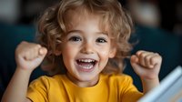 Excited young Caucasian child with curly blonde hair wearing yellow t-shirt laughing and raising fists in joyful celebration while looking at digital tablet screen.