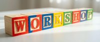 Colorful wooden alphabet blocks spelling WORKSHOP arranged in a row on a white surface, representing education, learning, and creative training events.