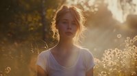 Young woman in white t-shirt standing in golden sunset light among wildflowers, with soft bokeh effect and dreamy atmospheric backlight creating ethereal summer mood.