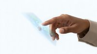 Hand touching holographic digital interface with glowing blue light effects on white background for futuristic technology and innovation concepts.