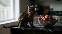 Brown tabby cat standing on dark marble countertop next to bowl of fresh apples in modern kitchen with window light, pet and food styling.