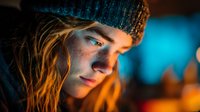 Young blonde woman in knit beanie with warm golden lighting and blue bokeh background creating cozy winter atmosphere for lifestyle photography.