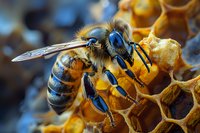 Macro shot of honey bee collecting nectar from honeycomb cells, showing detailed wing structure, compound eyes, and pollen-covered body against golden wax background.