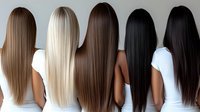 Women with different hair colors standing in row showing long straight hairstyles from back view. Natural to dark shades demonstrate hair color variety and length.