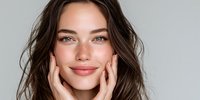 Young brunette woman with natural makeup touching face with hands showing healthy glowing skin for skincare and beauty concept on neutral background.
