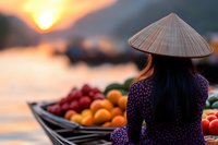 Asian woman in conical hat sitting near fresh produce on wooden boat during golden sunset over water, creating peaceful atmosphere for travel and culture themes.