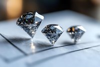 Sparkling clear diamonds arranged in row on reflective metallic surface with soft lighting creating elegant shadows and highlights, luxury jewelry concept.