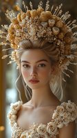 Young woman wearing ornate golden crown with crystals and baroque style dress. Ethereal fantasy portrait with dramatic lighting and delicate details. Fashion editorial concept.
