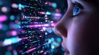 Close up profile view of woman's face with glowing blue eye reflecting digital data stream visualization with pink and blue bokeh light effects.