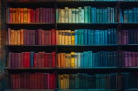 Vintage wooden bookshelf with colorful books arranged in rainbow spectrum from red to blue, creating a vibrant library display in warm ambient lighting.