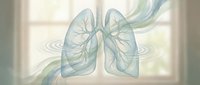 Transparent lungs with branching bronchial tree and flowing air streams, medical illustration for respiratory health, pulmonology education, and wellness design projects.