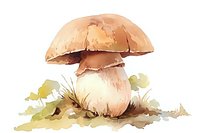 Watercolor mushroom porcini growing in forest moss and fallen leaves, soft brown and beige tones with delicate artistic brushstrokes on white background.