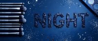 Night sky cosmetics display with blue makeup brushes and glittery text effect on dark background. Suitable for beauty, cosmetics, and nighttime product marketing campaigns.