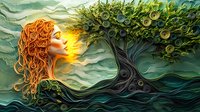 Mystical woman with flowing red hair breathing golden light toward enchanted tree with spiral branches against surreal green waves background, fantasy art style.